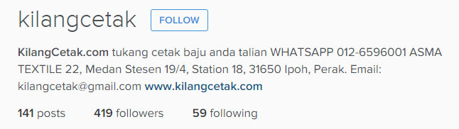 Ikuti Instagram KilangCetak untuk melihat tempahan terdahulu.